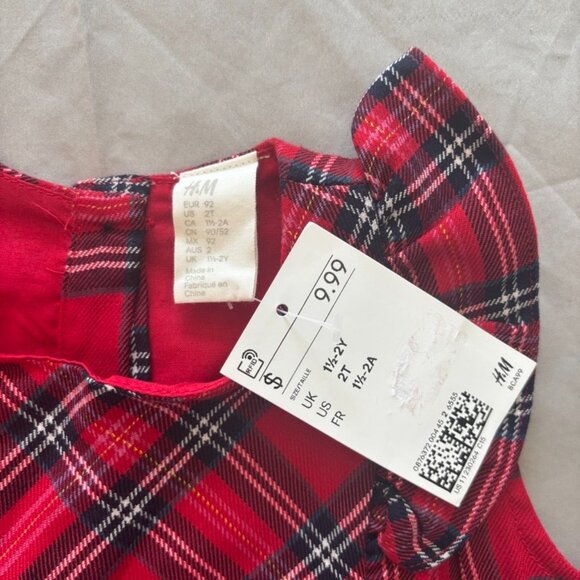NWT H&M Girls’ Red Plaid Dress with Ruffled Sleeves – Size 2T - Picture 2 of 4